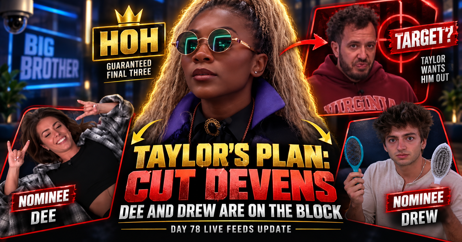 Big Brother 28 Day 78 Live Feeds Update: Taylor Wants Devens Out and Plans to Turn Drew Against Him